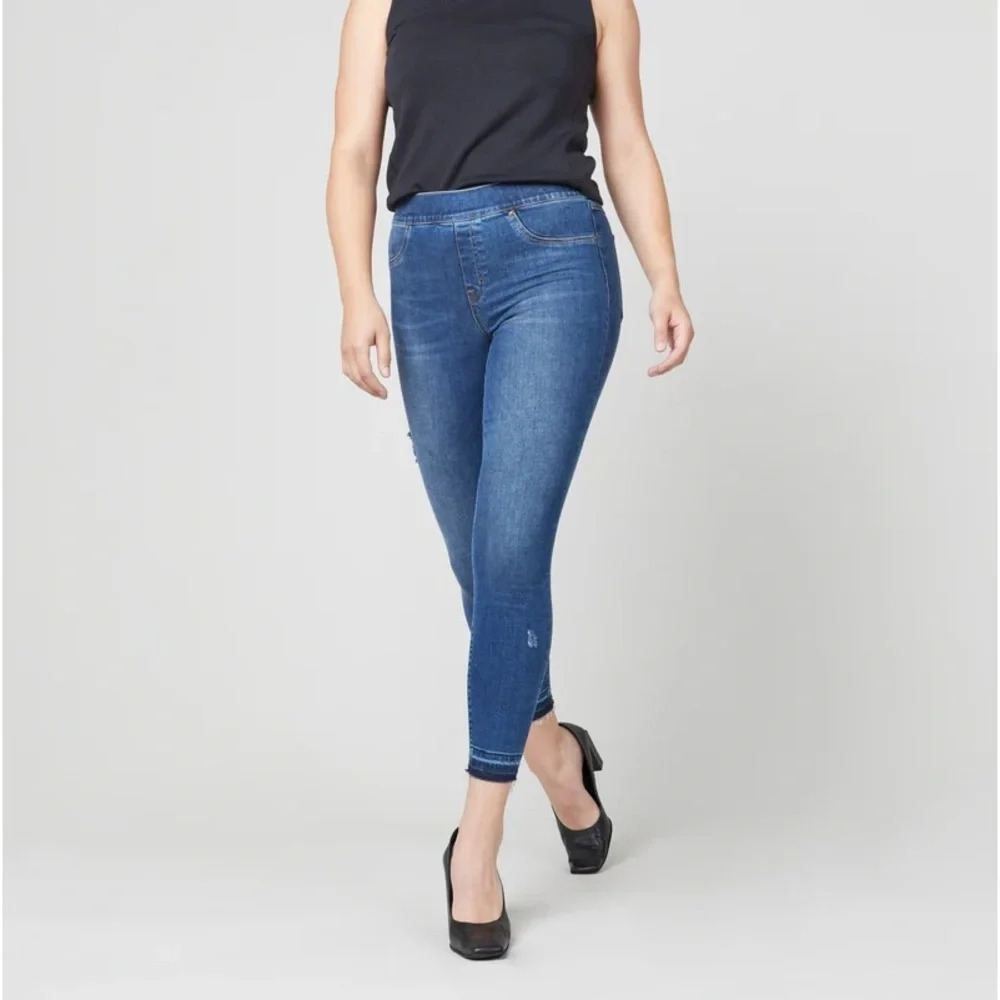 Spanx Pull On Denim Blue Distressed Ankle Skinny Jeans Medium Wash